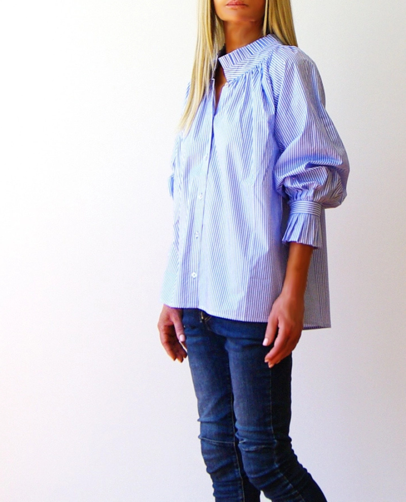 Thumbnail: Who's Charlie Olive Blue Stripe Balloon Sleeve Shirt