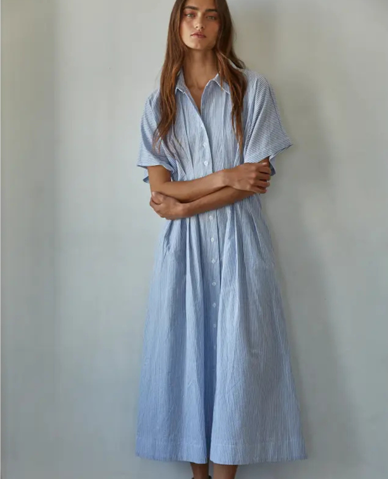 By Together Blue Stripe Pleated Waist Flare Dress