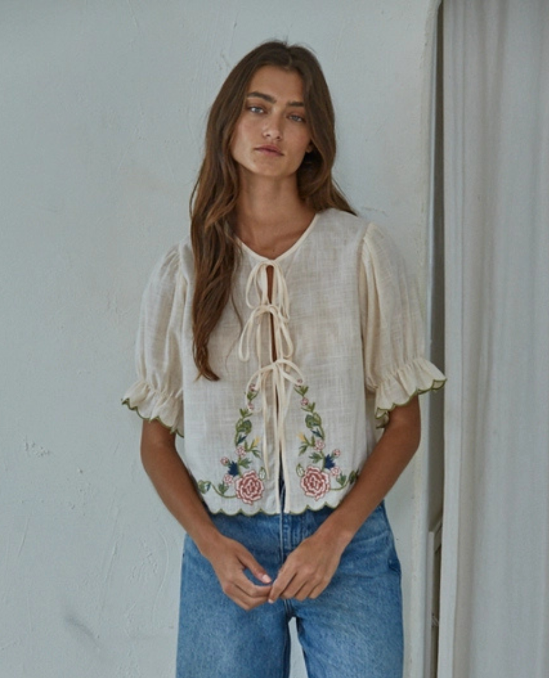 By Together Floral Embroidered Tie-Front Blouse