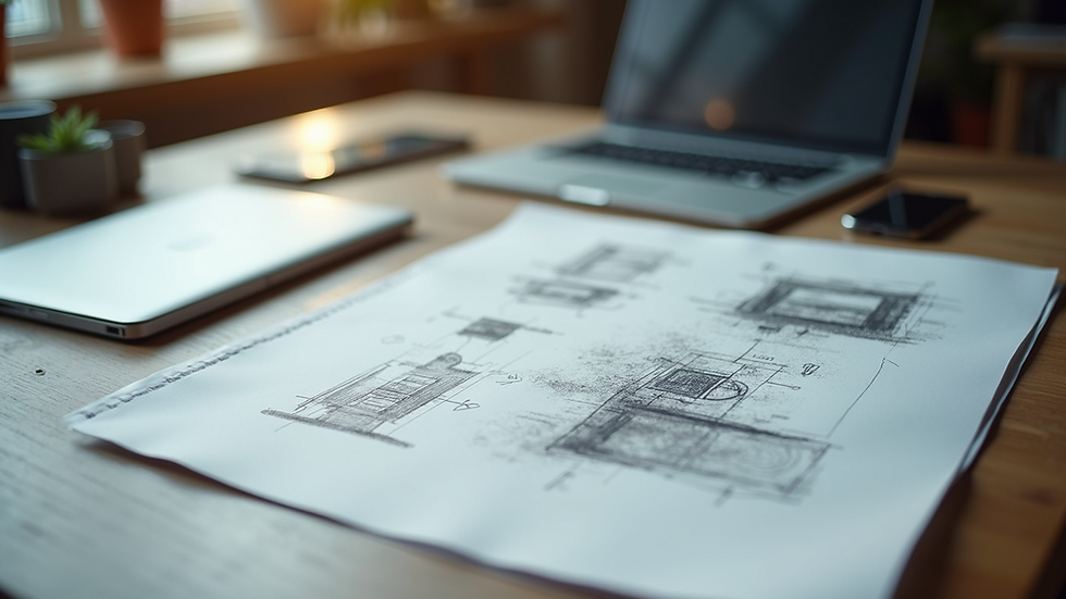 High angle view of a workspace with logo sketches