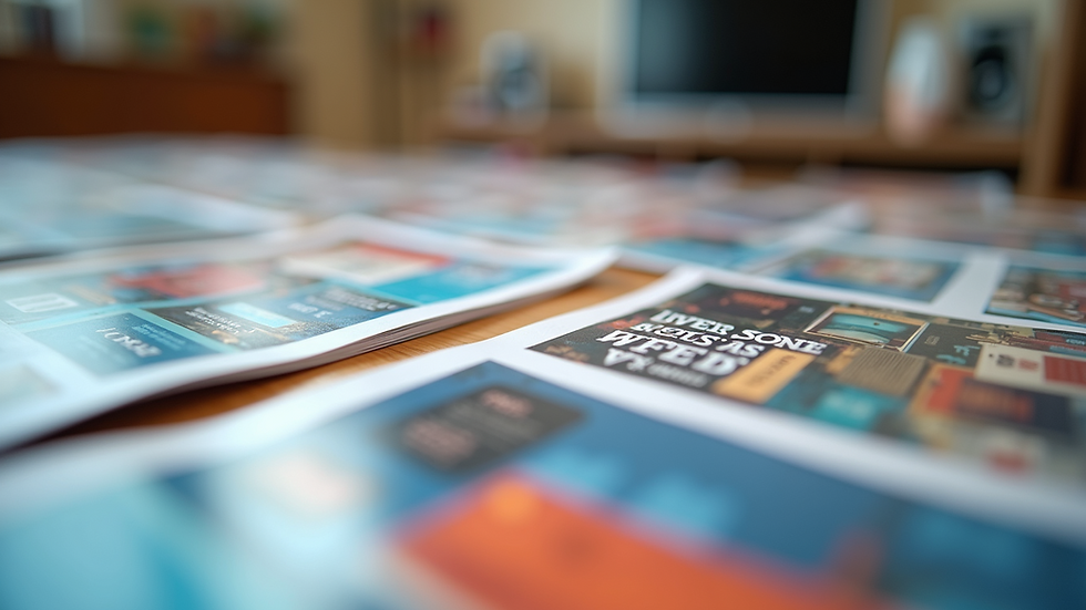 Eye-level view of neatly arranged colorful marketing materials
