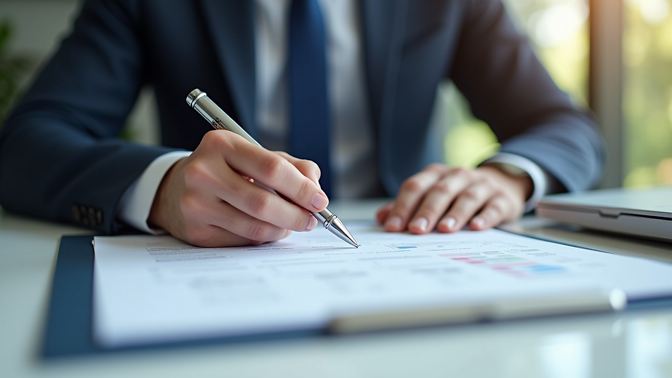 Close-up view of a business owner reviewing financial documents during a consultation