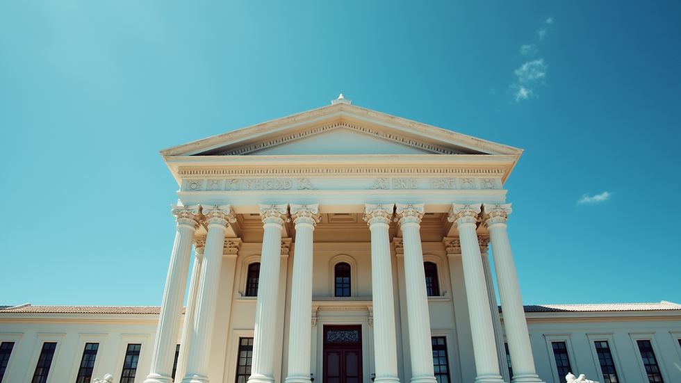 Eye-level view of a courthouse building with a clear blue sky