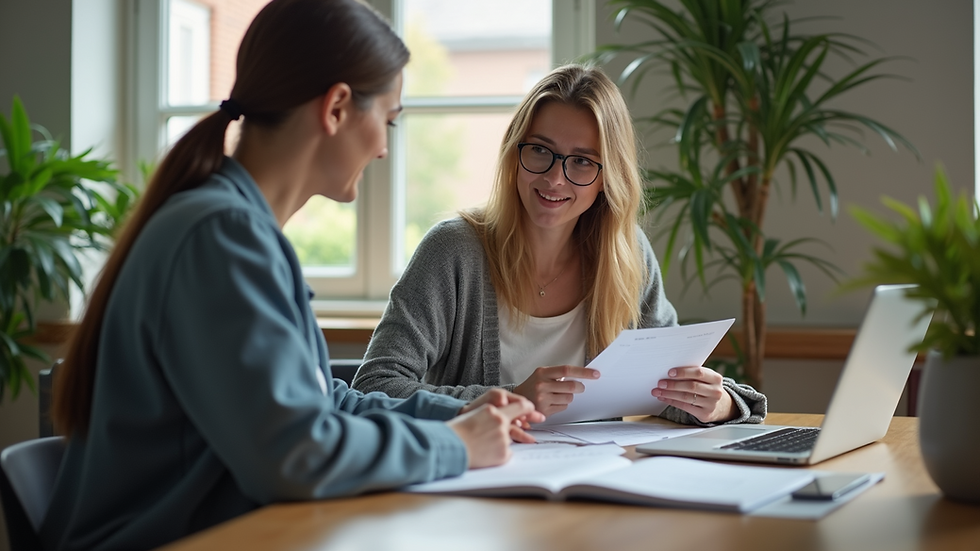 Eye-level view of a nutrition coach discussing meal plans with a client