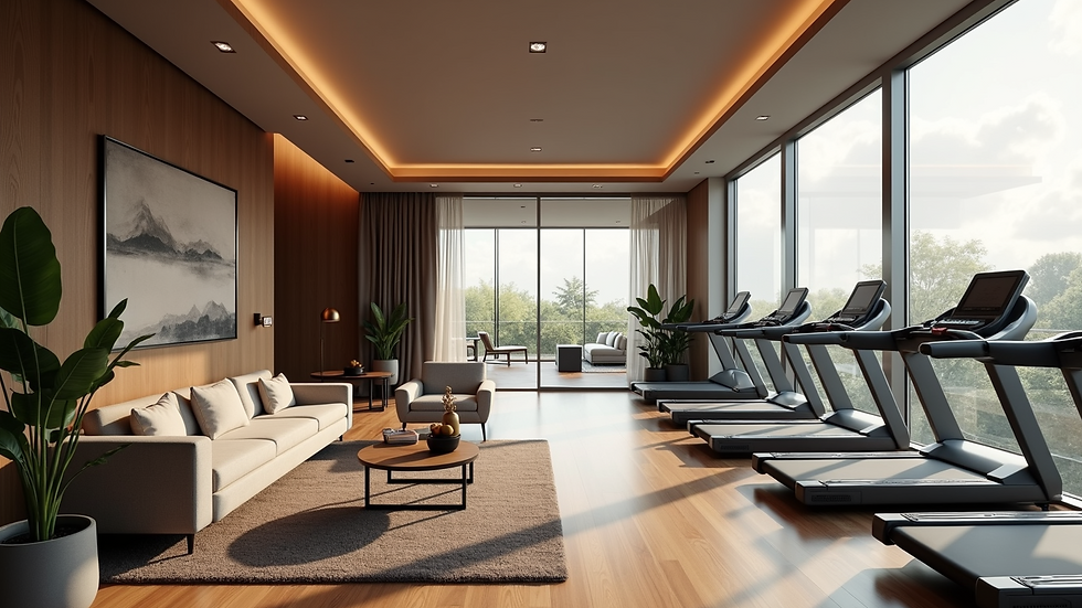 High angle view of luxury gym lounge area with modern furniture