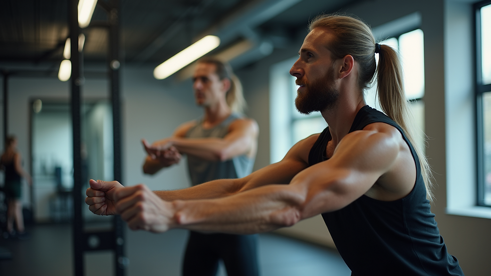 Eye-level view of a fitness coach guiding a client through a workout
