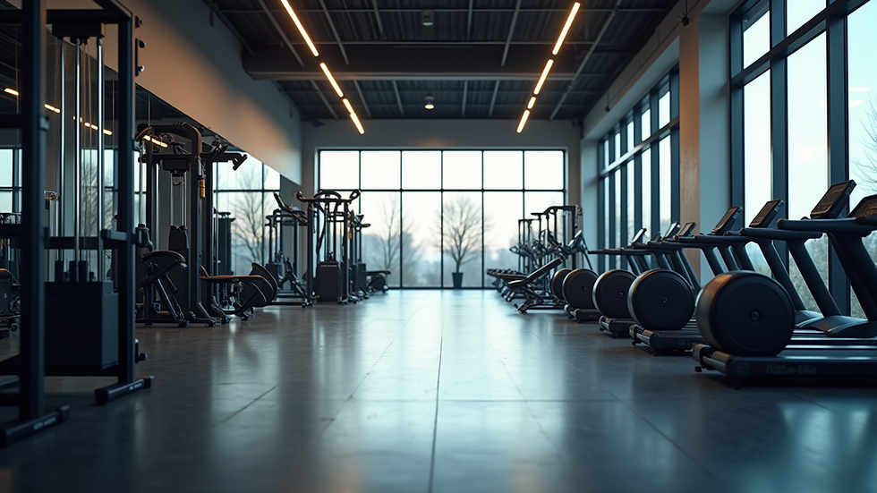 Eye-level view of a modern gym with fitness equipment arranged neatly
