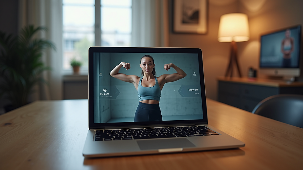 Eye-level view of a laptop showing a fitness app with workout instructions