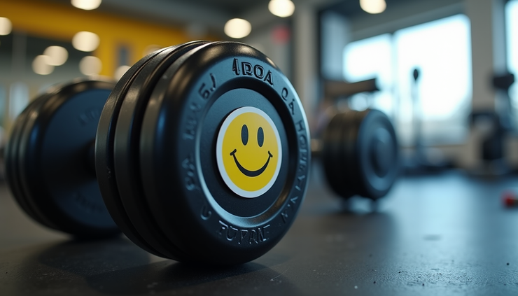 Close-up of a dumbbell with a smiley face sticker in a bright gym