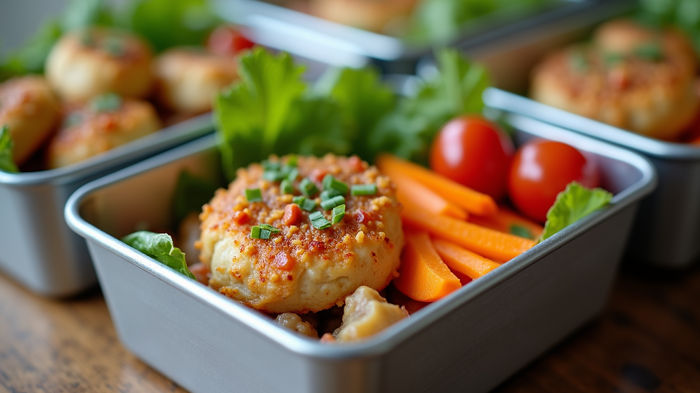 Close-up of a meal prep container with colorful, balanced food