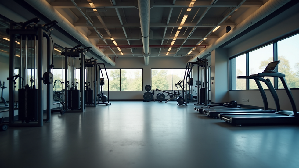 Eye-level view of a modern gym with fitness equipment arranged neatly