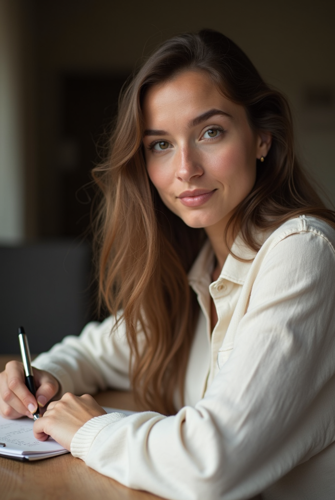 action-shot of a person journaling with a pen and a serene expression, soft-natural-lighti