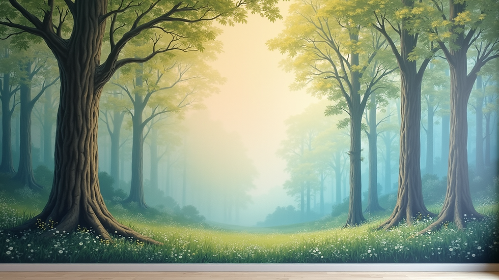 Eye-level view of a softly colored mural depicting a tranquil forest scene