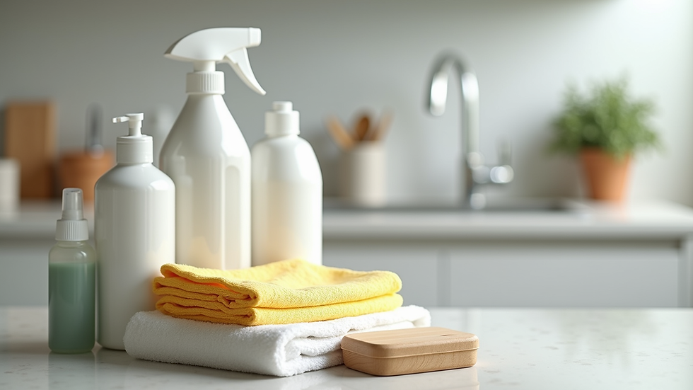 Close-up view of cleaning supplies arranged neatly on a countertop