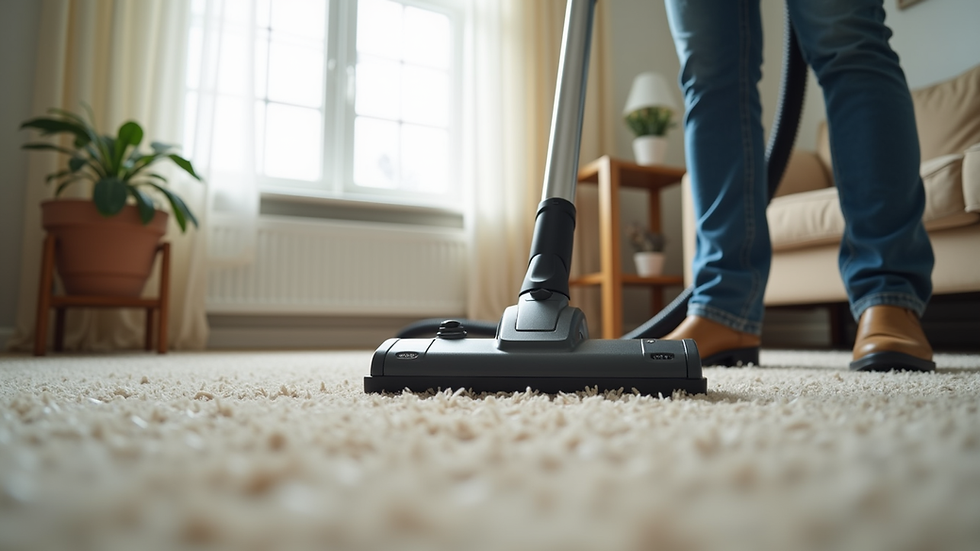 Eye-level view of a professional cleaner vacuuming a living room carpet