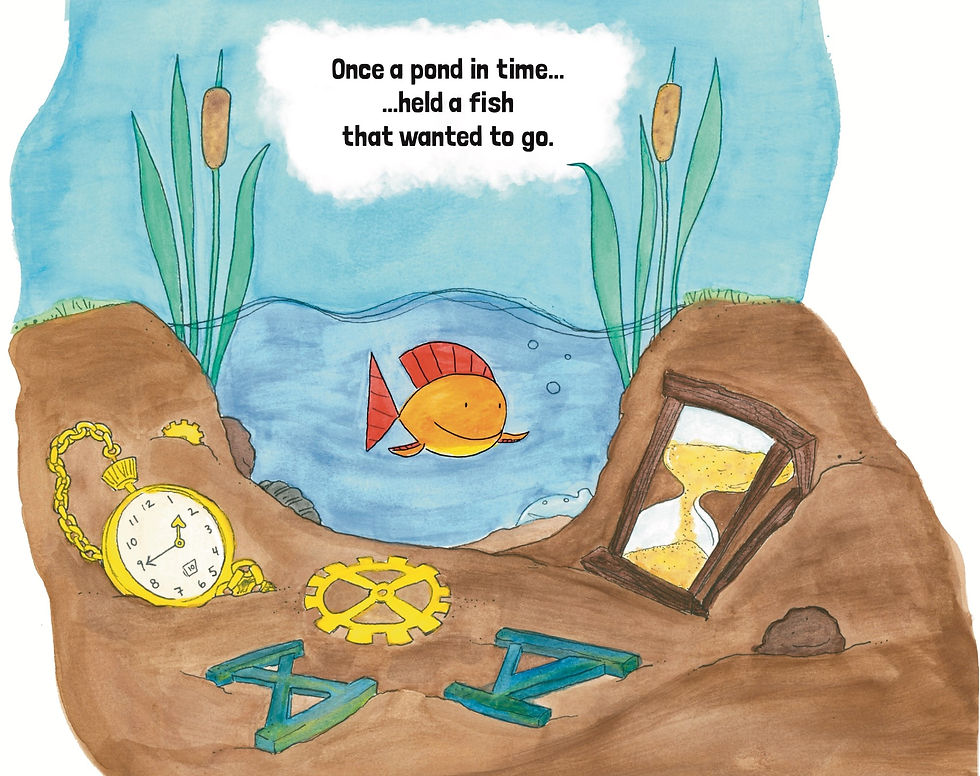 Thumbnail: Once a pond in Time held a fish that wanted to go. He swims around time pieces settled inside the pond.