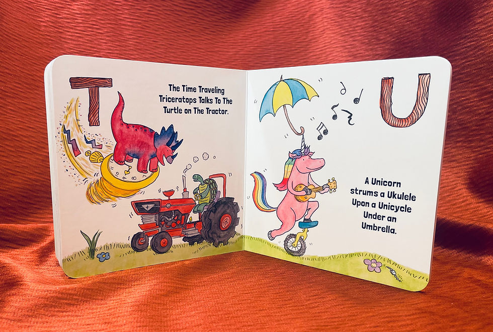 Thumbnail: The letter T page with a time traveling triceratops and a turtle on a tractor. The letter U with a unicorn playing uke.