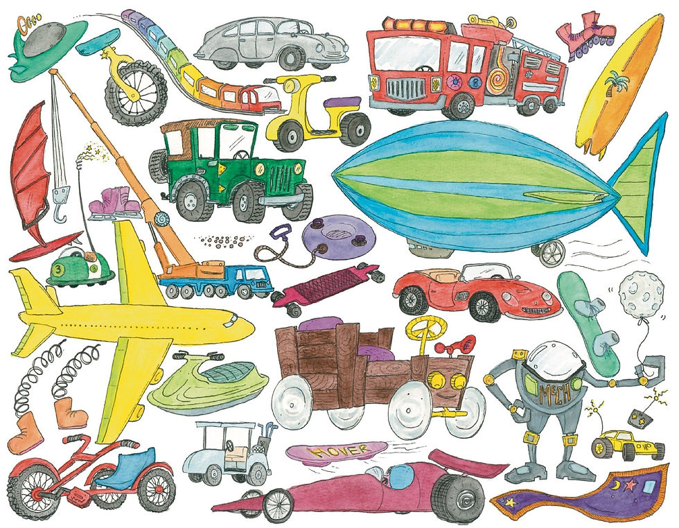 Thumbnail: This is a vehicle collection featuring a lead zeppelin, firetruck, drag racer, golf cart, mech, boxcar, Ferrari, monorail