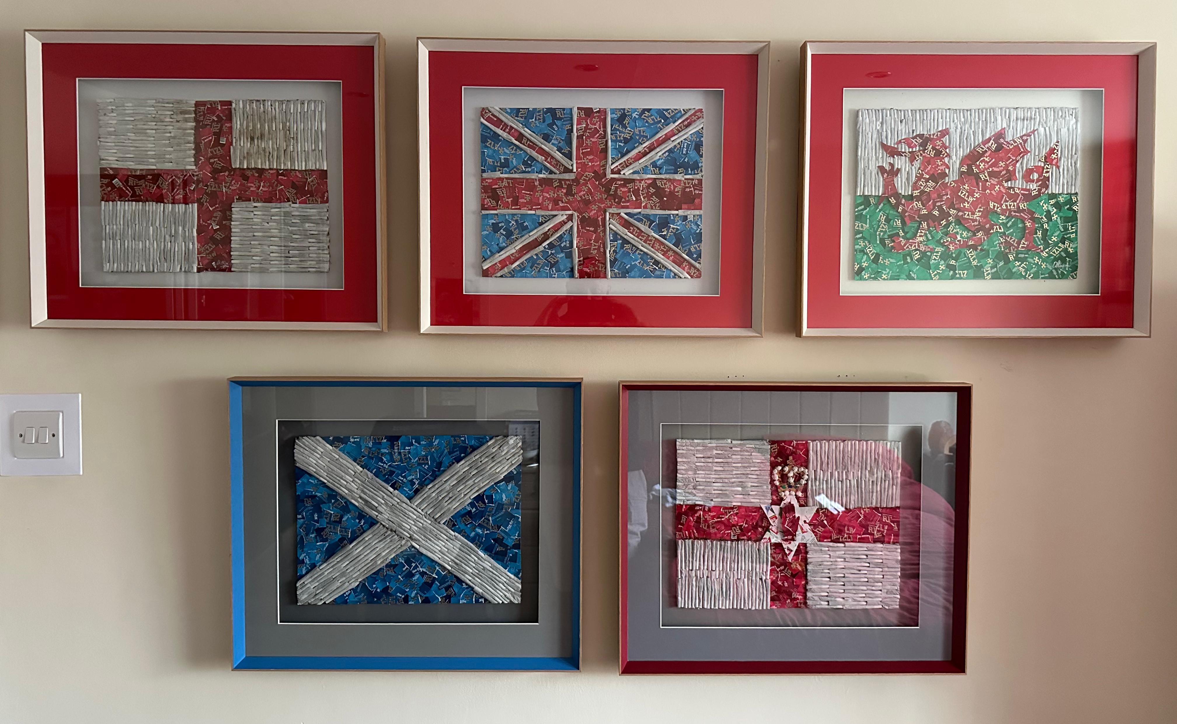 The Rizla Flag Series complete five-piece framed collage set by Daniel Chapman