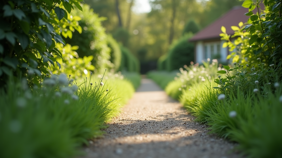 Eye-level view of a peaceful garden path surrounded by greenery
