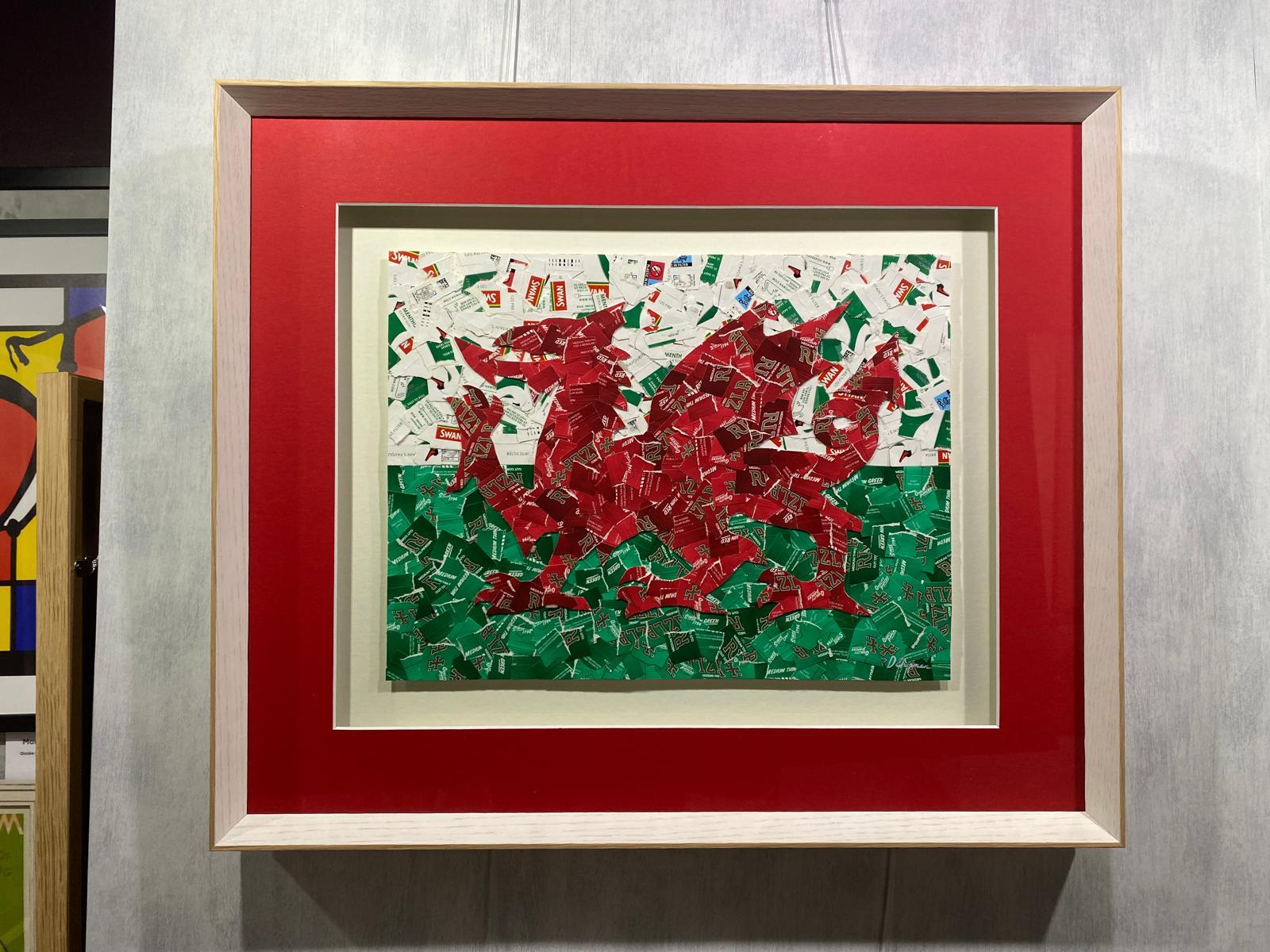 The Rolling Dragon original Welsh flag collage in red and green Rizla papers by Daniel Chapman