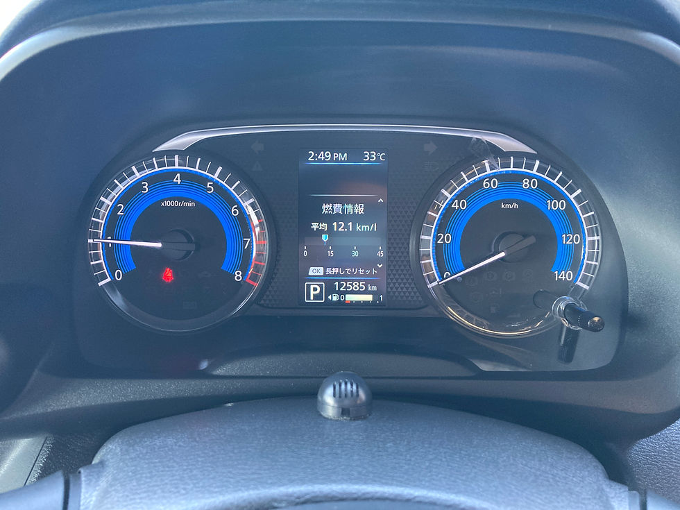 車のメーター内、青い表示の速度計とタコメーター。中央に2:49 PM、33℃、燃費情報12.1km/l、P、12585kmが表示されている。
