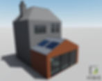 3D rendering of a house with a gray upper section and a brick extension featuring large glass windows and skylights.