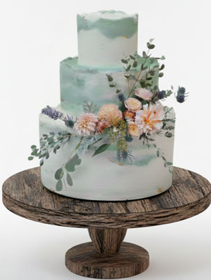 Green watercolor floral wedding cake with flowers on a wooden pedestal.