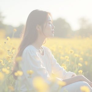 woman sitting flower field bright natura