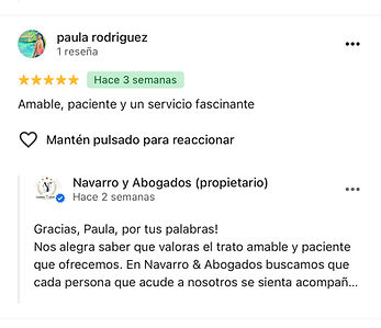 Cliente destaca la rapidez y profesionalidad del despacho Navarro & Abogados en Figueres