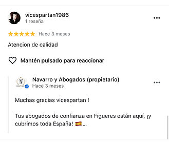 Valoración positiva de cliente laboral tras un despido, gestionado por Navarro & Abogados en Figueres.