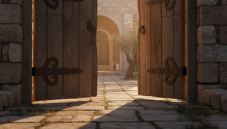 Close-up view of an open wooden gate with warm light spilling across worn stones