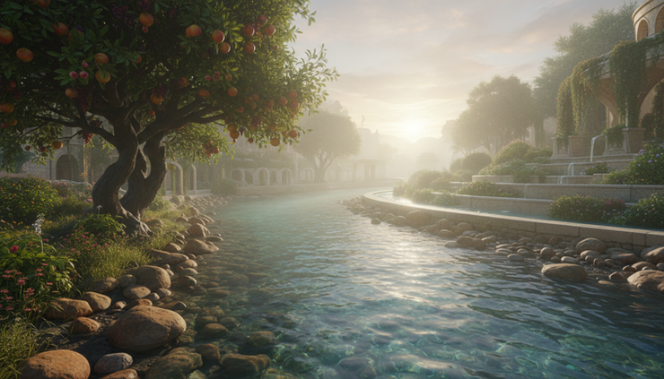 Eye-level view of a clear river flowing beside a fruit tree in soft morning light