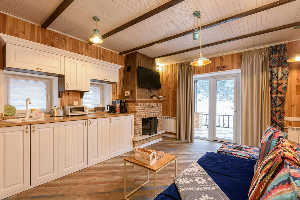 Cozy wooden living room with a kitchen, fireplace, and balcony view of snow. Features white cabinets, colorful cushions, and a sign reading "EXIT".