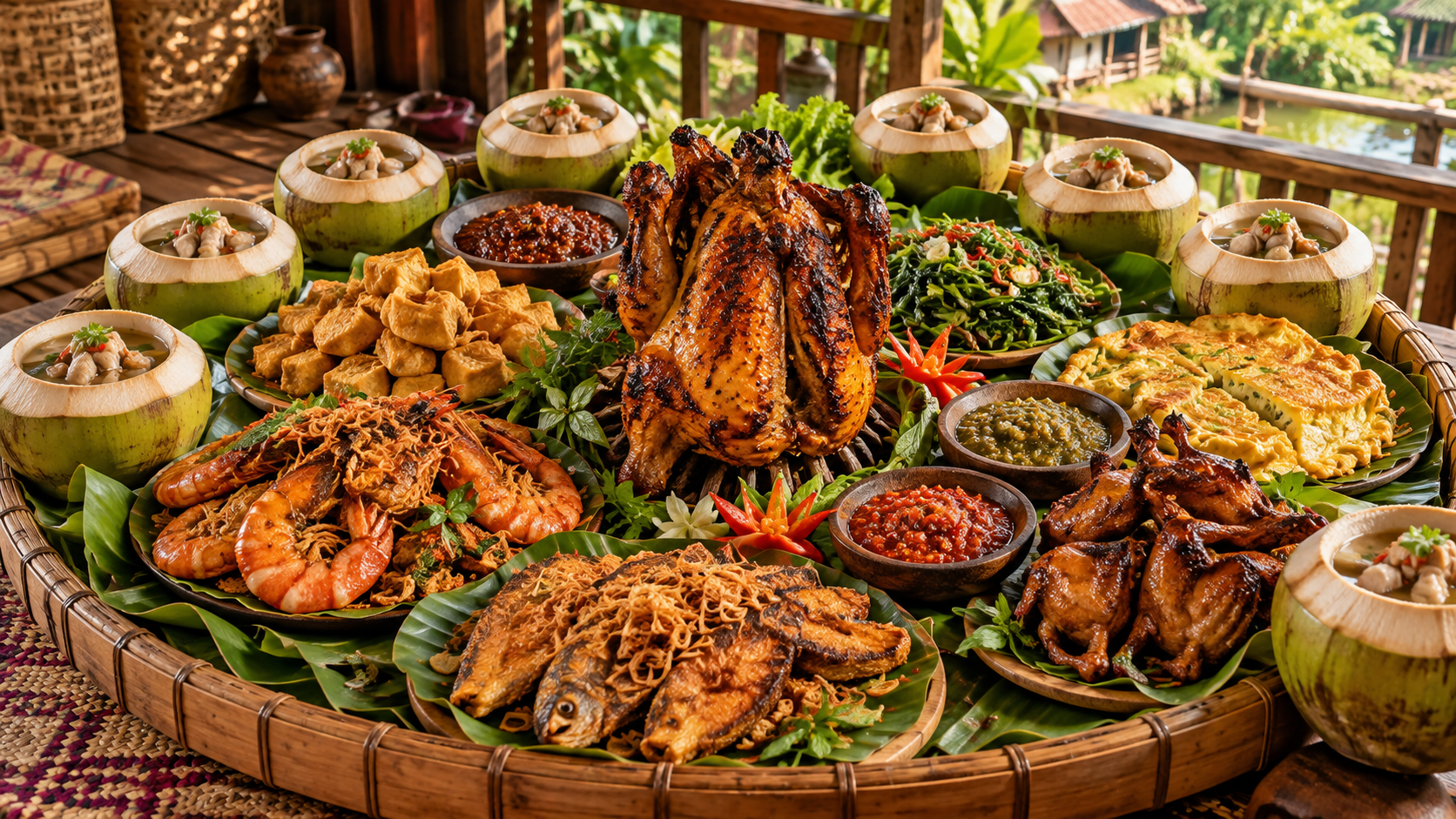 AI-generated illustration of a communal kampung meal inspired by Potai Farmstay's group dining experience