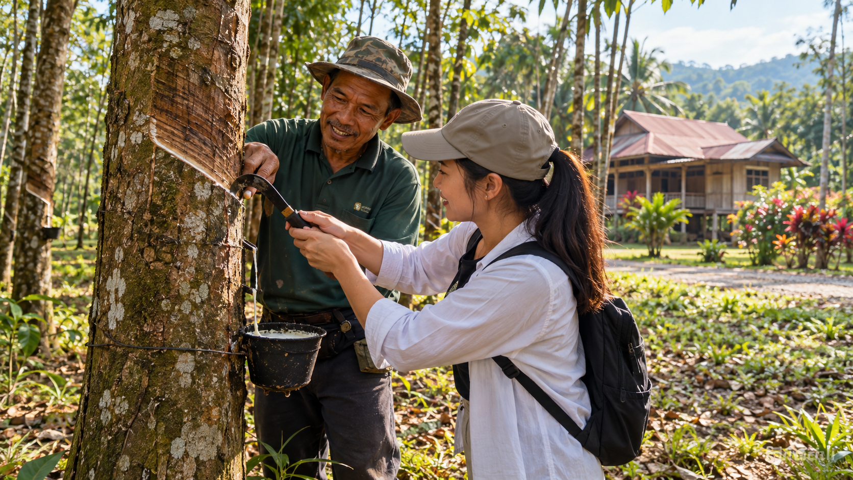 AI-generated illustration of a visitor learning rubber tapping from a local guide in a Malaysian plantation