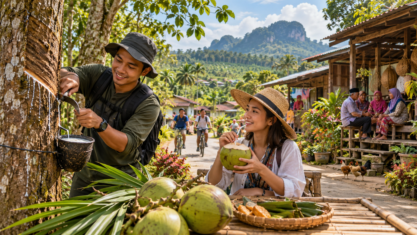 AI-generated illustration of FELDA village life with rubber tapping, coconut experience and cycling