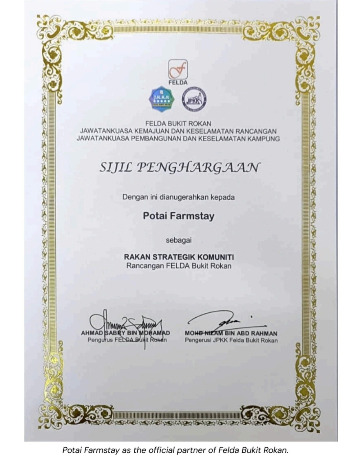 Potai Farmstay FELDA Bukit Rokan community strategic partner certificate