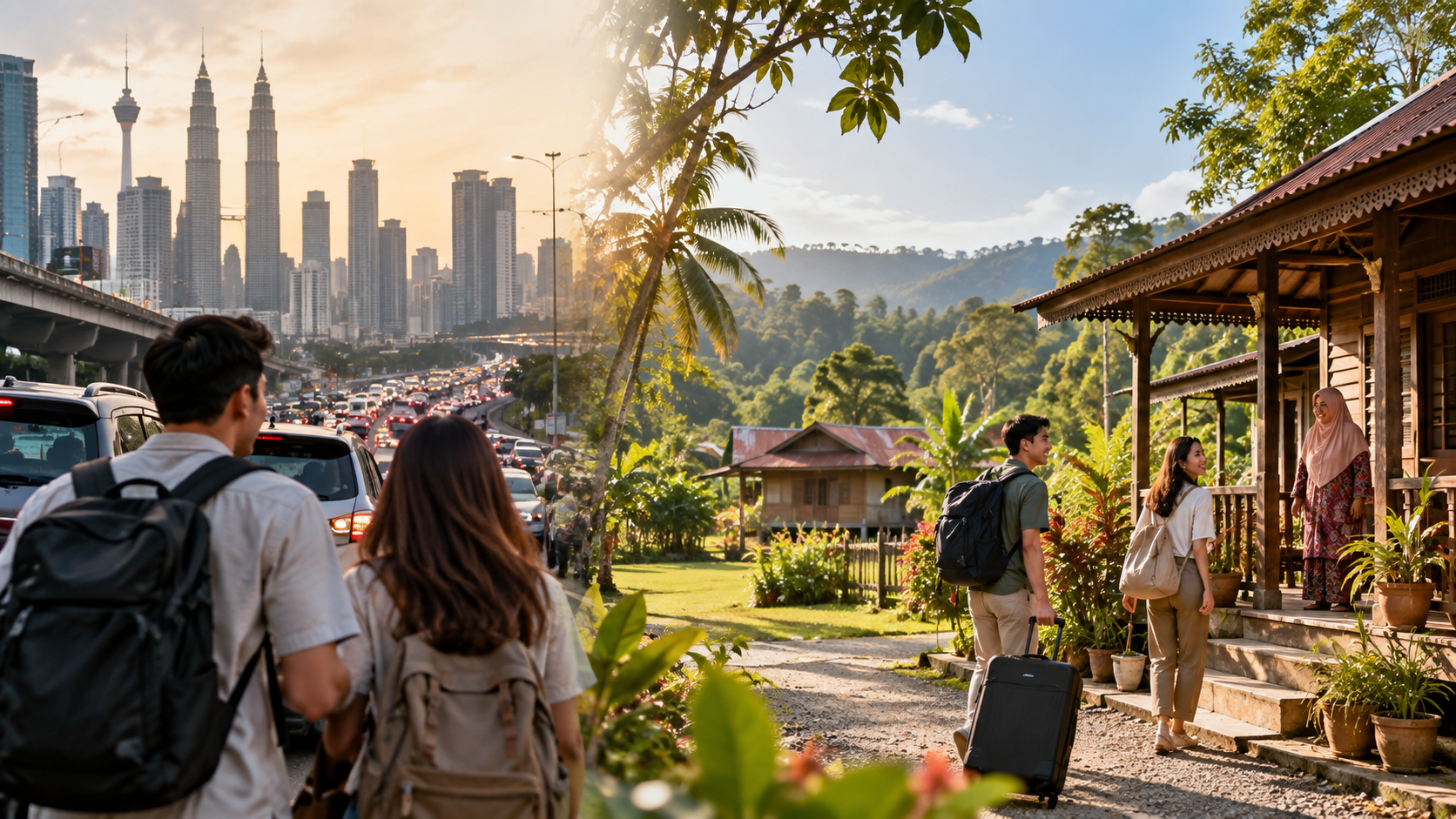 AI-generated illustration of travellers leaving city life for a peaceful Malaysian kampungstay