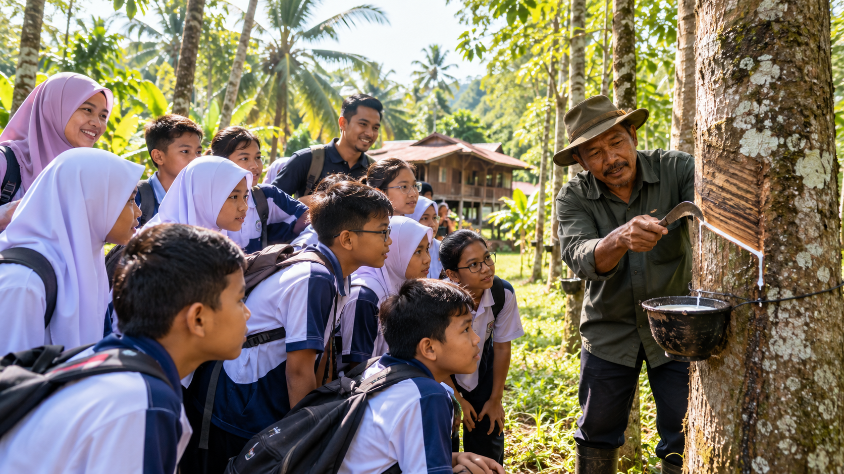 AI-generated illustration of students learning rubber tapping during an educational village visit in Negeri Sembilan
