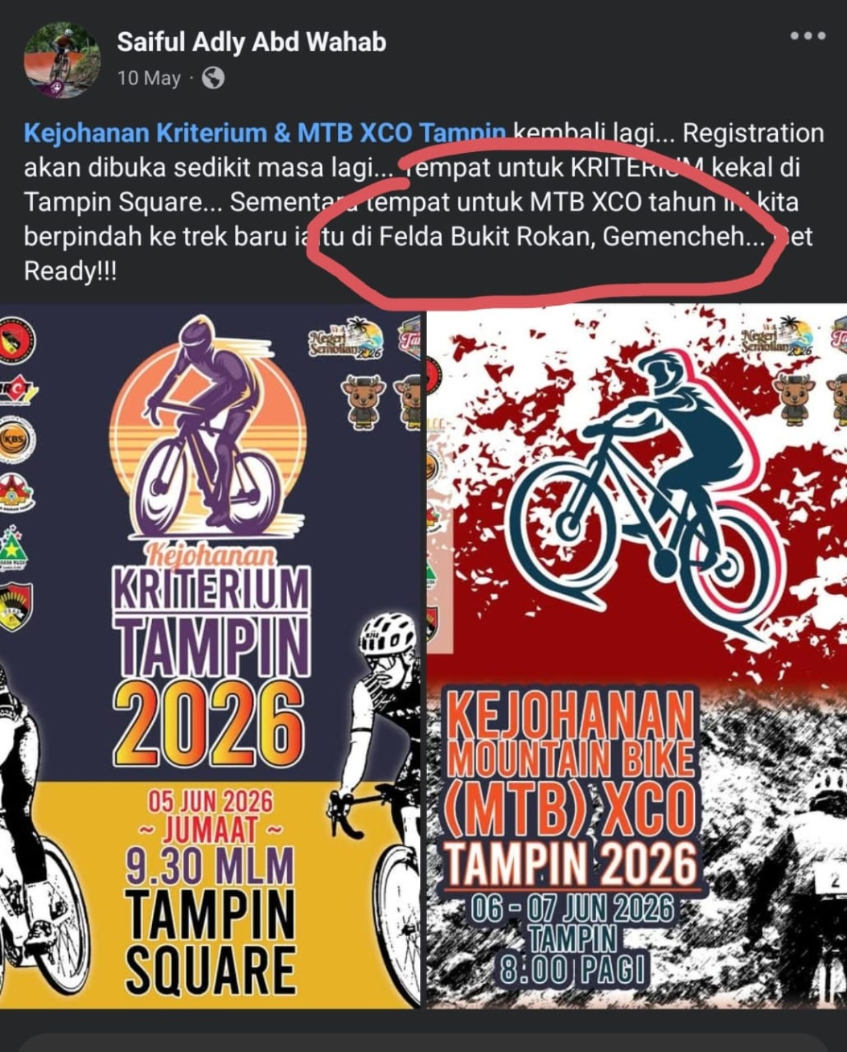 Kejohanan Mountain Bike MTB XCO Tampin 2026 FELDA Bukit Rokan Gemencheh event post