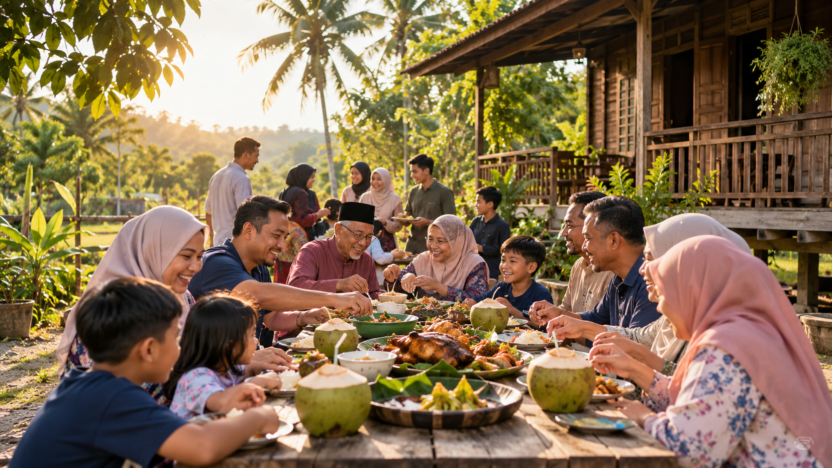 AI-generated illustration of a multigenerational family enjoying a kampung meal at a rural Malaysian farmstay