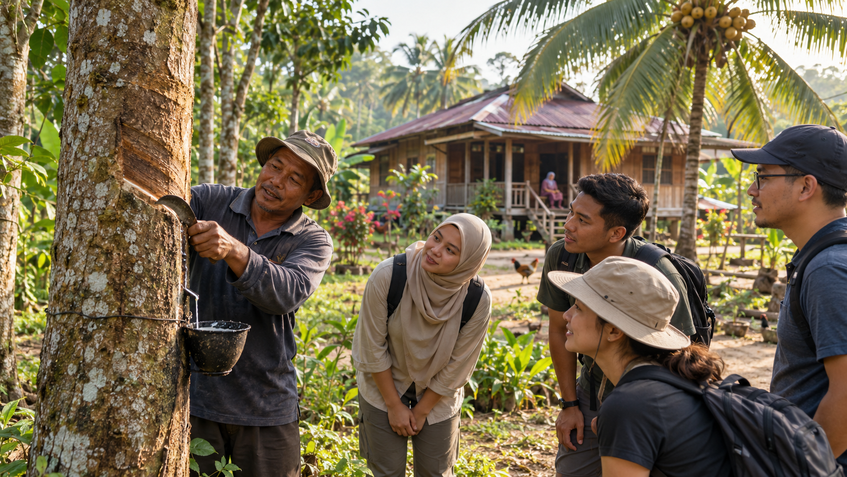 AI-generated illustration of visitors observing a rubber tapping demonstration in a rural Malaysian village