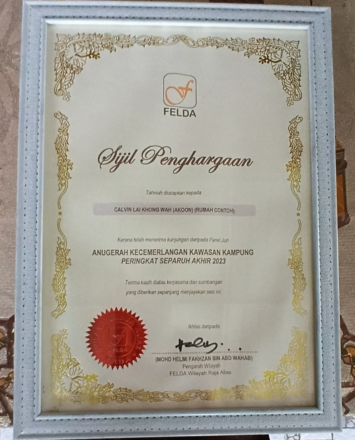 2023 FELDA appreciation certificate for Calvin Lai Khong Wah Akoon Rumah Contoh