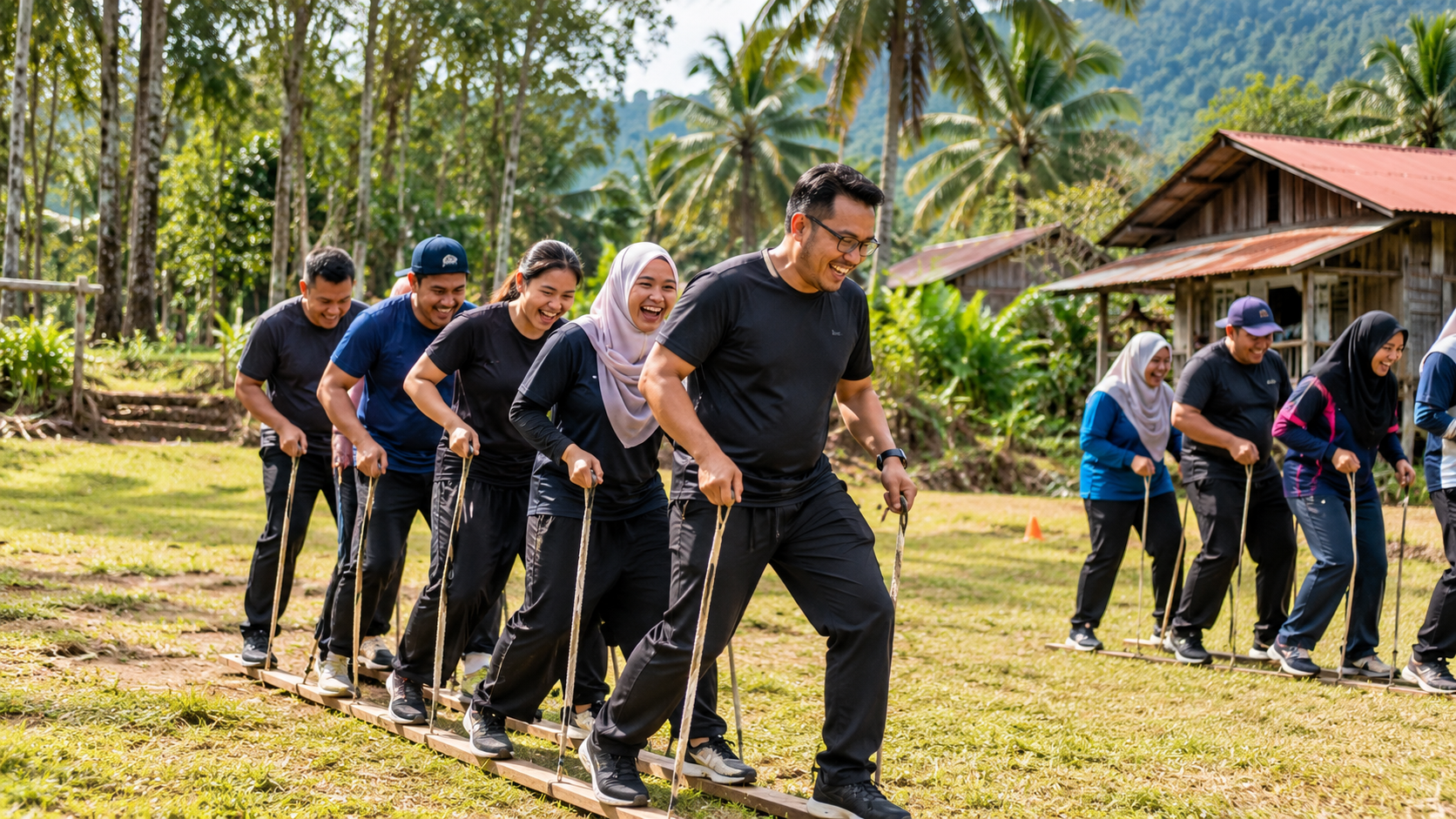 AI-generated illustration of a corporate team building challenge in a Malaysian kampung setting