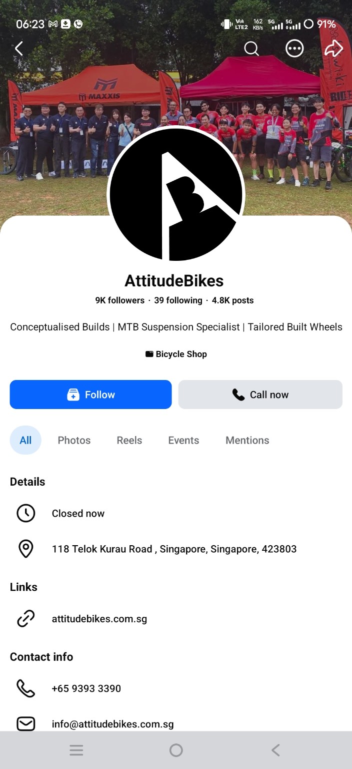 AttitudeBikes Singapore Facebook page showing 118 Telok Kurau Road Singapore