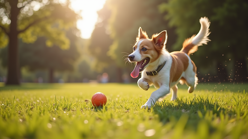 Eye-level view of a dog playing fetch in a sunny park