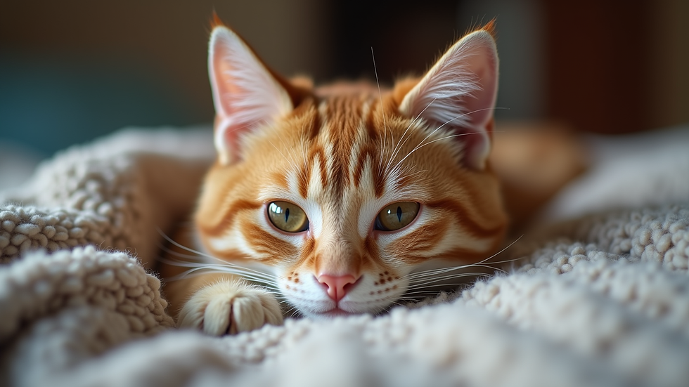 Close-up view of a cat resting comfortably on a cozy blanket