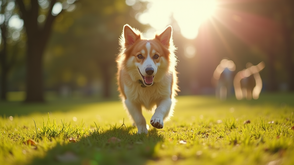 Eye-level view of a dog enjoying a walk in a sunny park