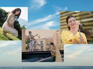 A collage of three promotional images from Lorde's Solar Power era — crouching on a grassy hill, performing on a New York City rooftop with Jack Antonoff, and smiling in a yellow dress at a mic stand — set against a bright blue sky backdrop.